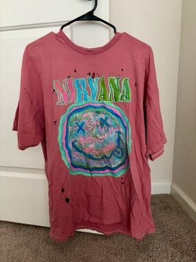 NIRVANA Pink Short Sleeve Tee with Neon Smiley Graphic